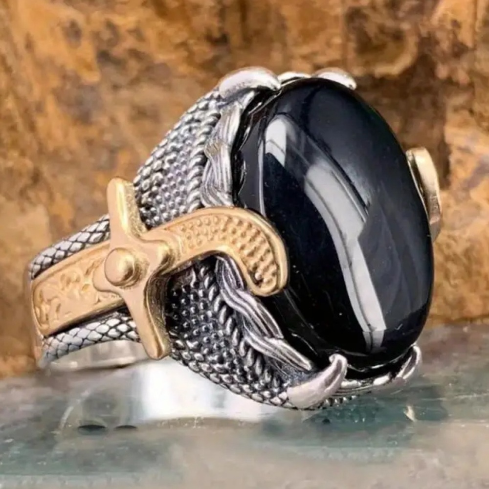 Turkish Vintage Antique Onyx Warrior Signet Silver 925 Ring